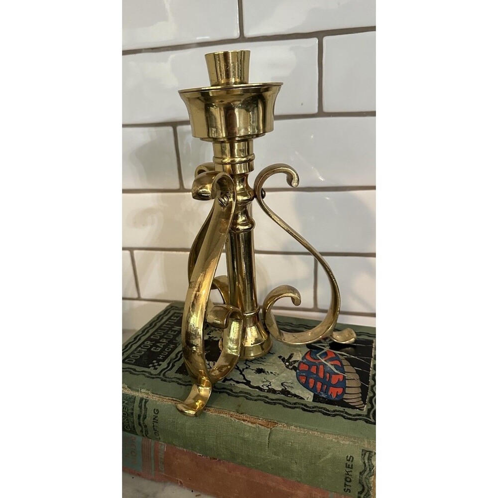 Vintage Heavy Brass Candle Stick Holder Scrollwork Made In India